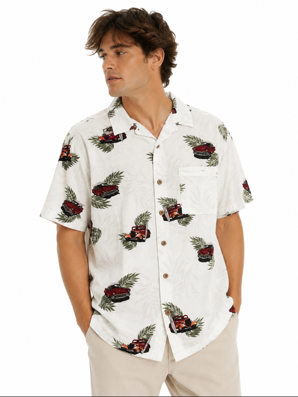 Puritan Vintage Hawaiian Shirt Men’s Medium Retro Car Print Camp Button Up